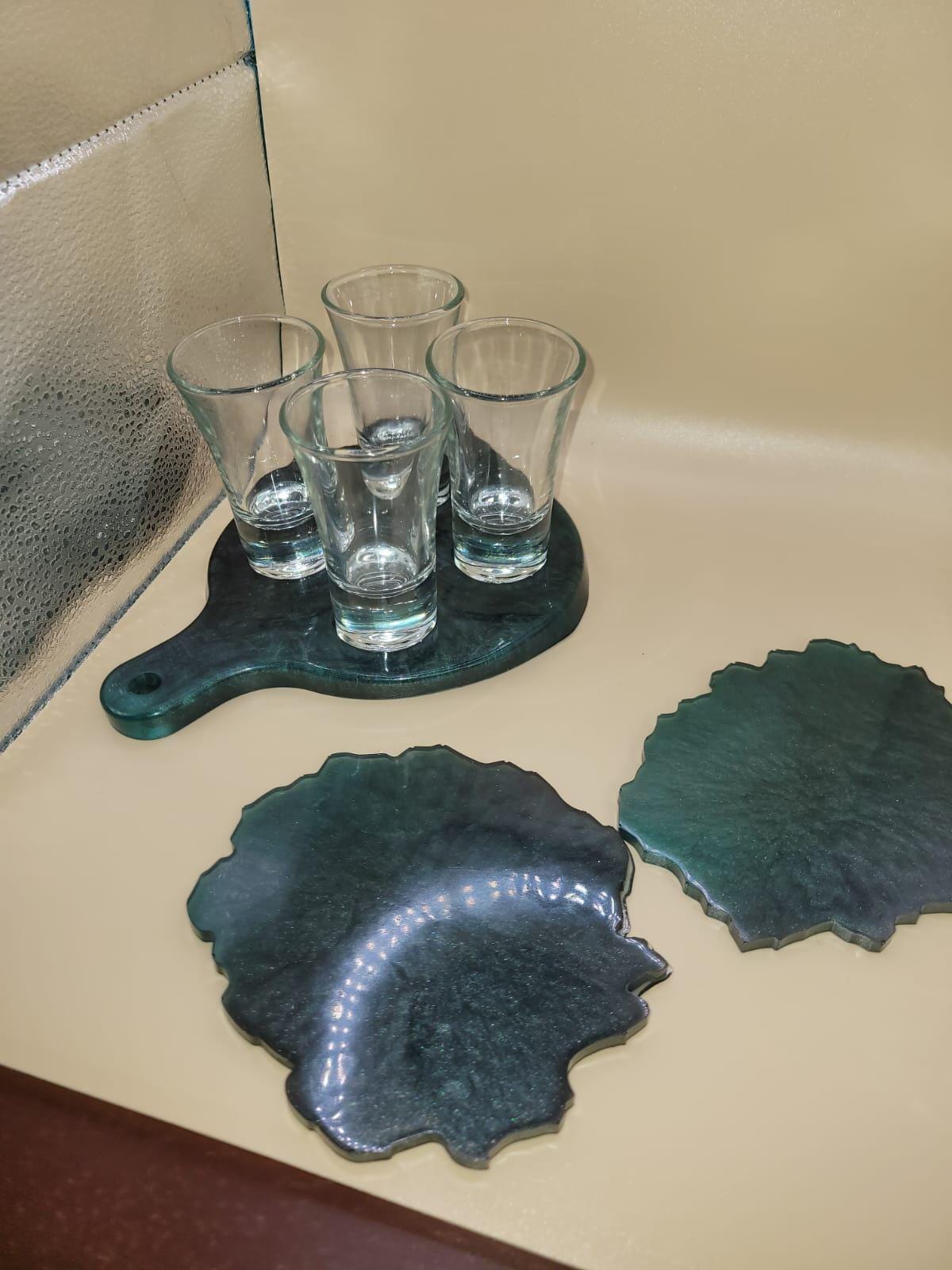 Rustic Shot Glass & Wine Holder Set with Matching Coasters  Handmade Resin Bar Set, Party Gift, Wine Rack with Coasters, Housewarming Gift