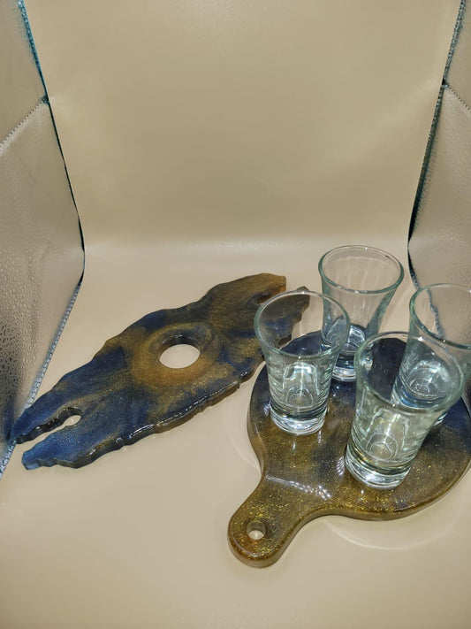 Rustic Shot Glass & Wine Holder Set with Matching Coasters  Handmade Resin Bar Set, Party Gift, Wine Rack with Coasters, Housewarming Gift