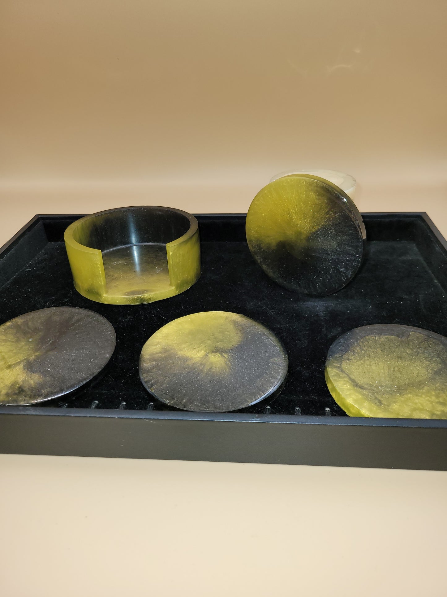 Black and Yellow Handmade Resin Coaster Set with Holder