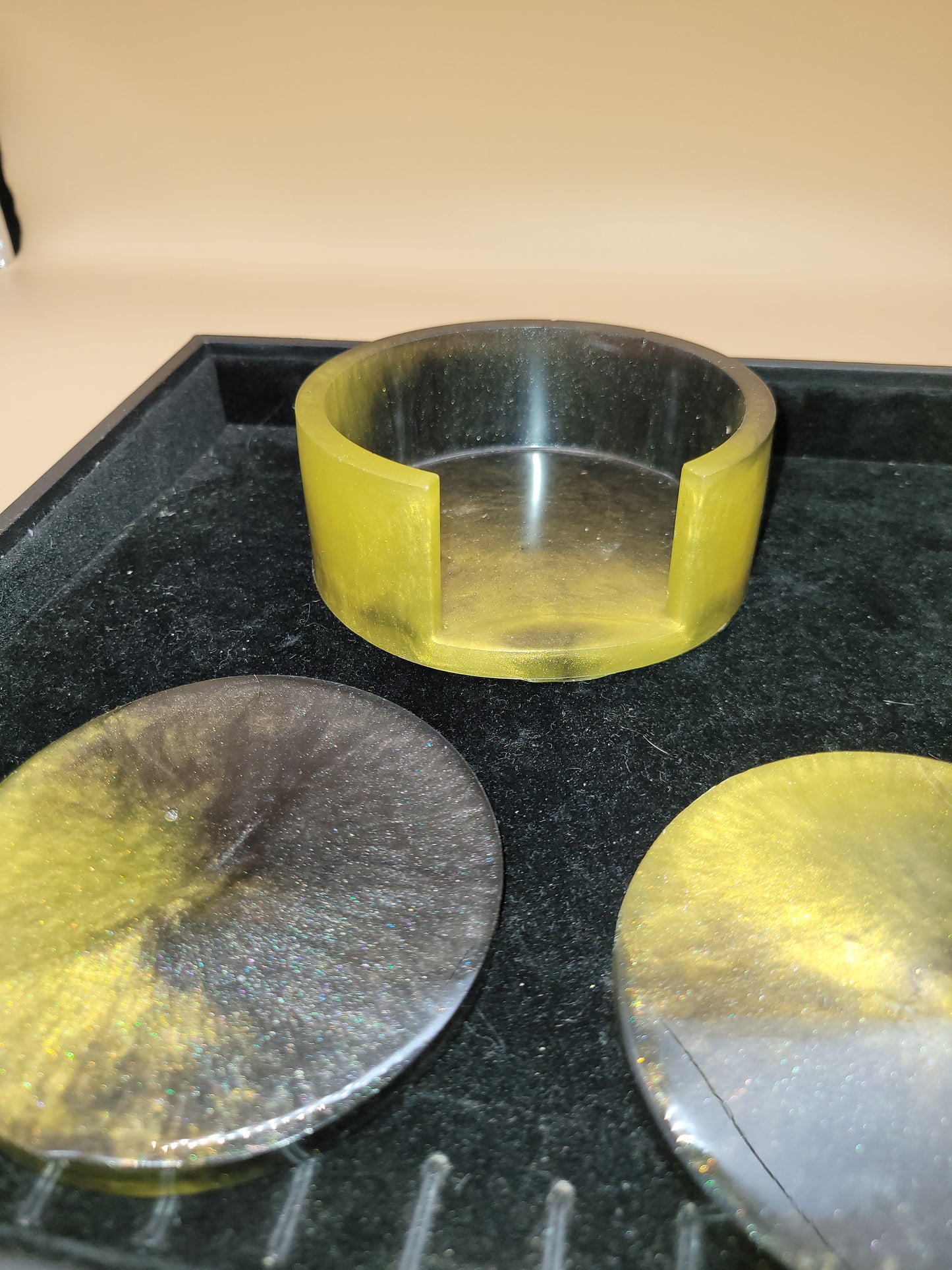 Black and Yellow Handmade Resin Coaster Set with Holder