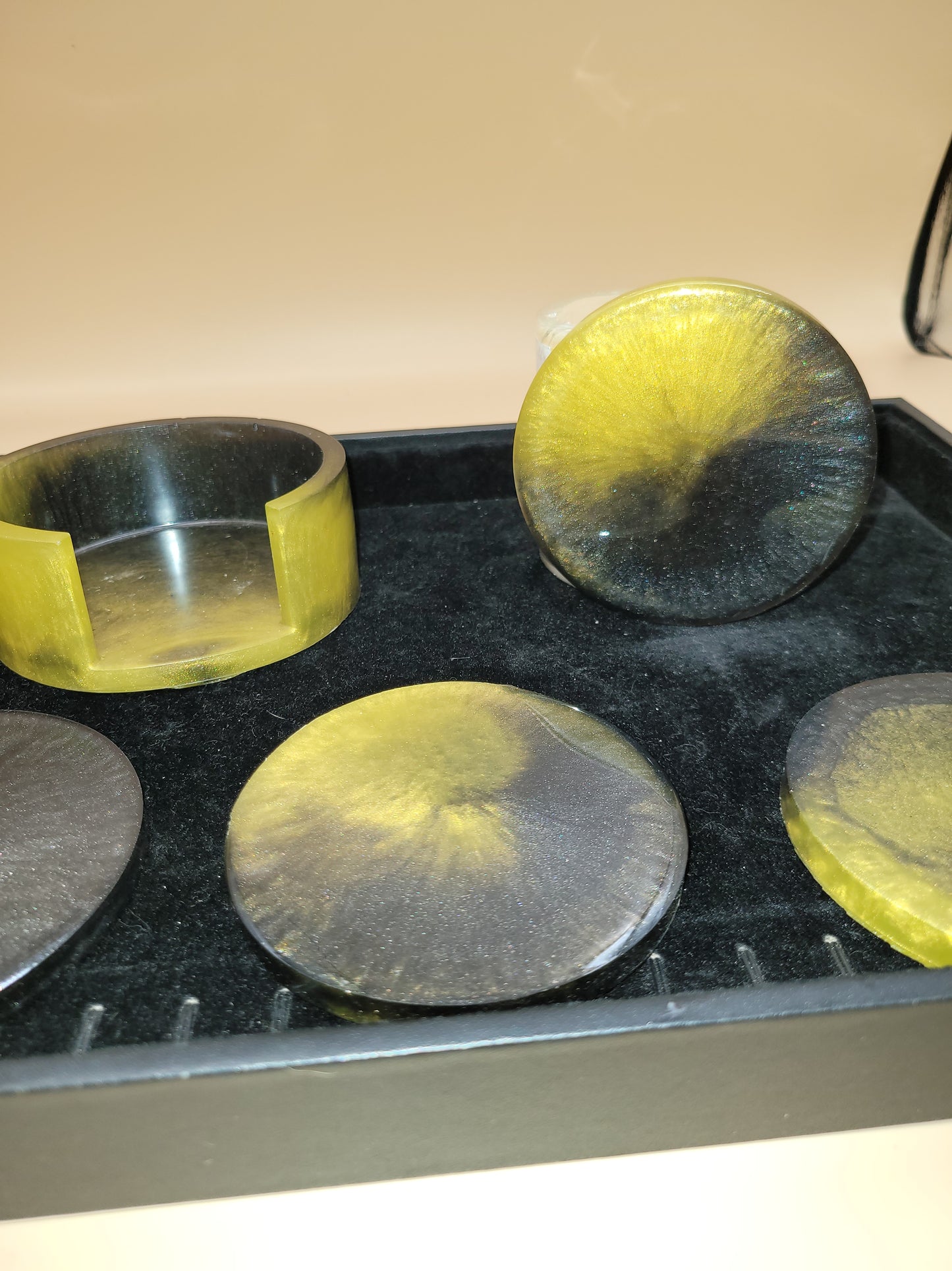 Black and Yellow Handmade Resin Coaster Set with Holder