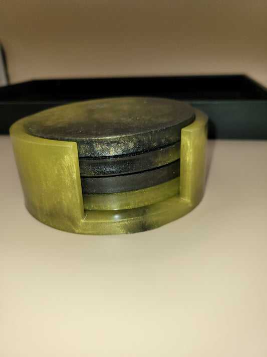 Black and Yellow Handmade Resin Coaster Set with Holder